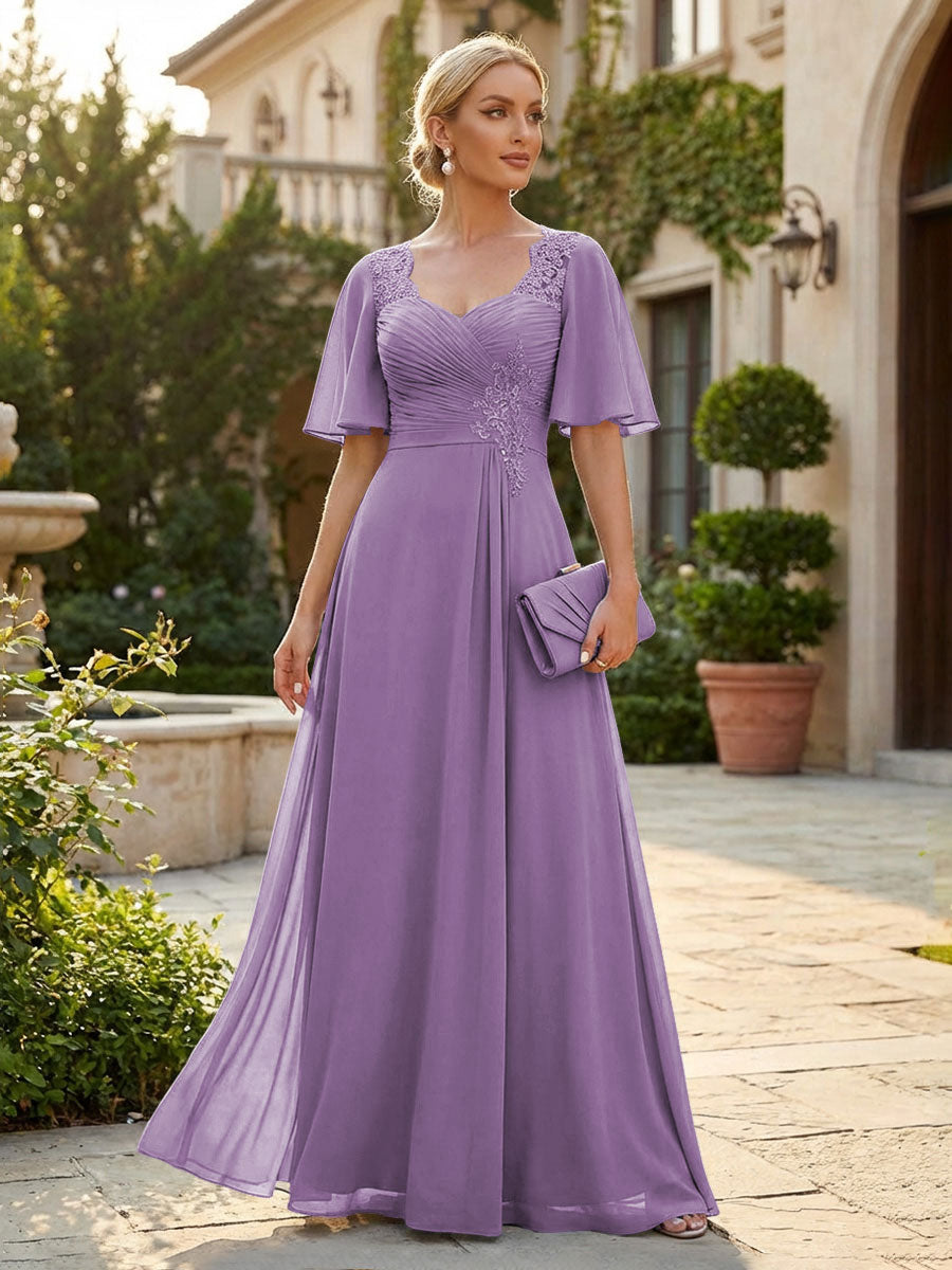 Elegant A-Line Chiffon Flutter Short Sleeves Pleated Mother of the Bride & Groom Dresses with Ruched Waist (SHI22500687)