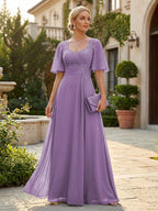 Elegant A-Line Chiffon Flutter Short Sleeves Pleated Mother of the Bride & Groom Dresses with Ruched Waist (SHI22500687)