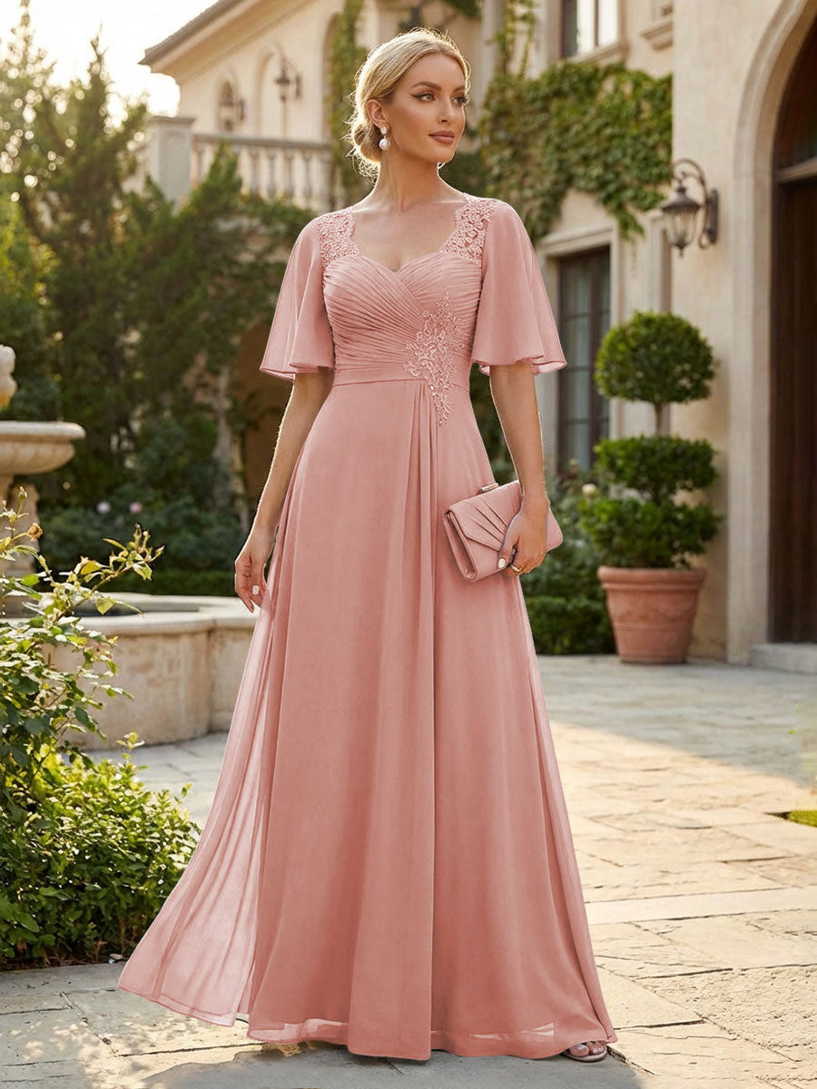 Elegant A-Line Chiffon Flutter Short Sleeves Pleated Mother of the Bride & Groom Dresses with Ruched Waist (SHI22500687)