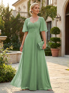 Elegant A-Line Chiffon Flutter Short Sleeves Pleated Mother of the Bride & Groom Dresses with Ruched Waist (SHI22500687)