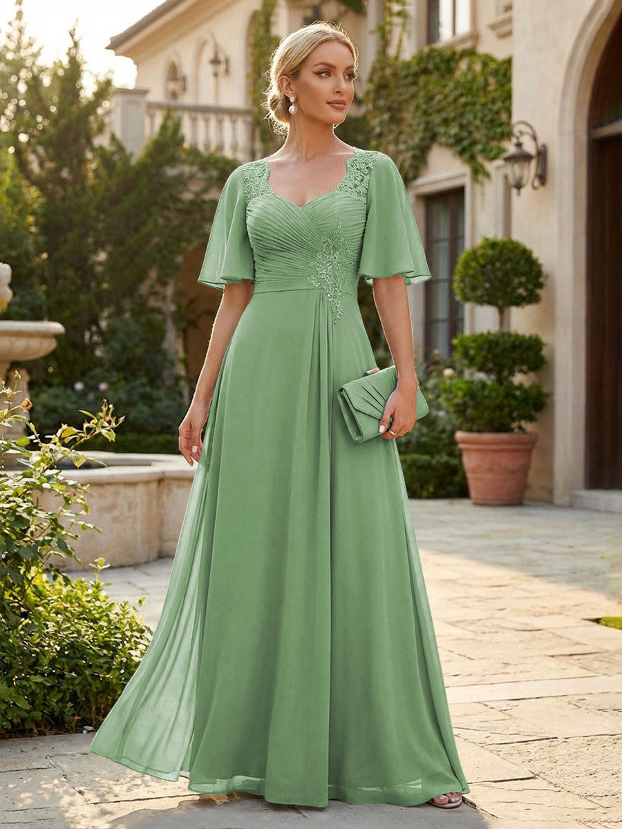Elegant A-Line Chiffon Flutter Short Sleeves Pleated Mother of the Bride & Groom Dresses with Ruched Waist (SHI22500687)