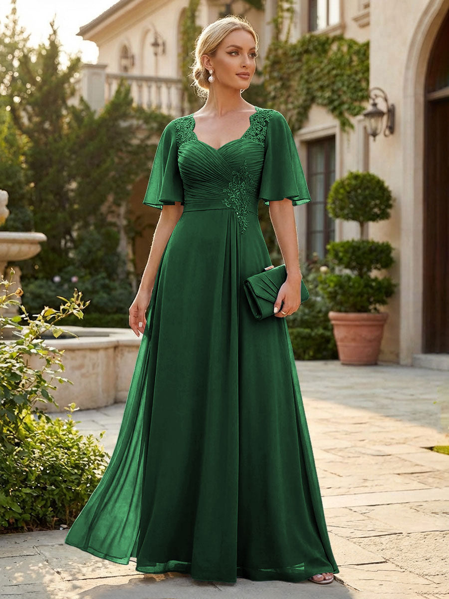 Elegant A-Line Chiffon Flutter Short Sleeves Pleated Mother of the Bride & Groom Dresses with Ruched Waist (SHI22500687)