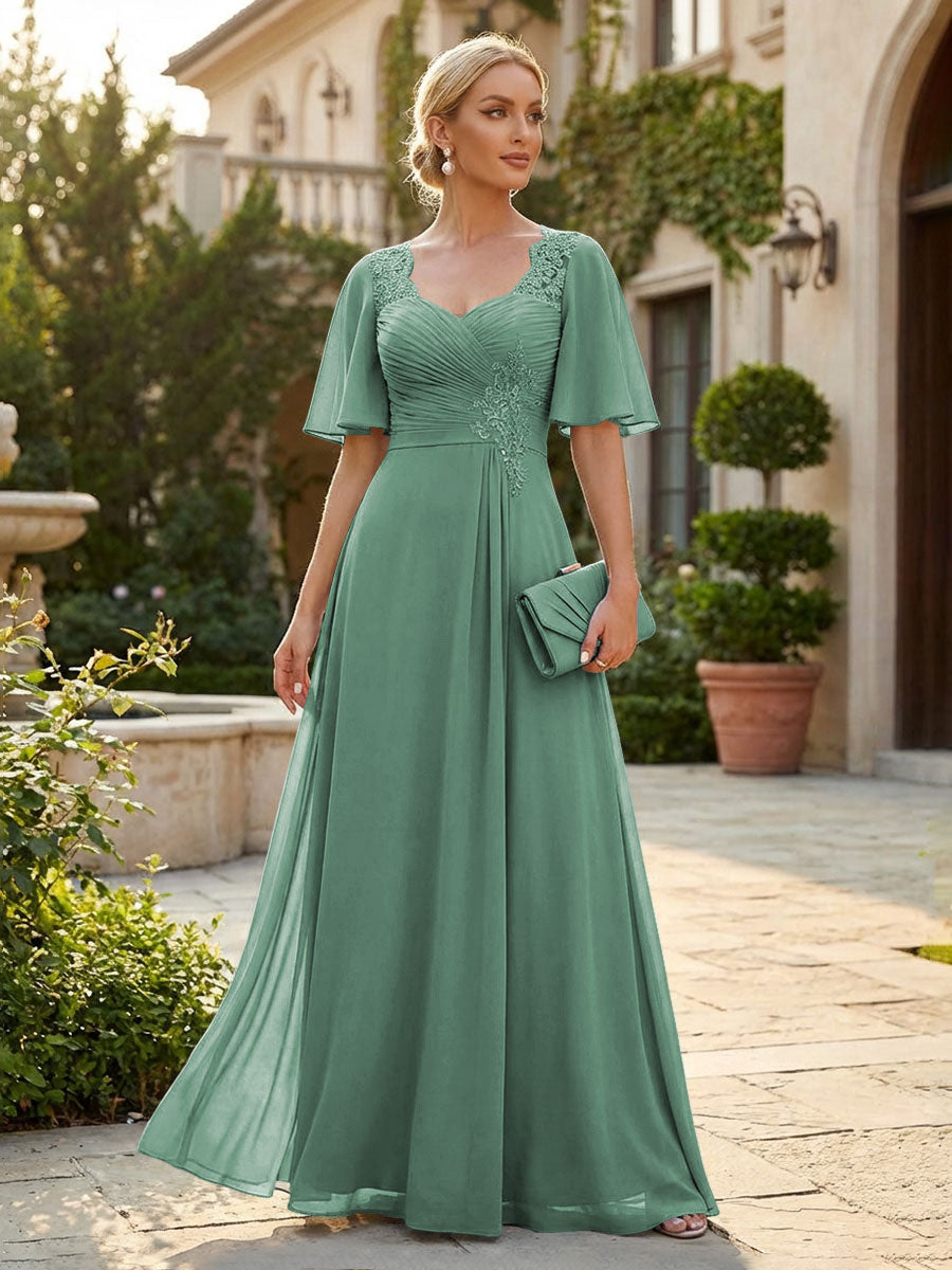 Elegant A-Line Chiffon Flutter Short Sleeves Pleated Mother of the Bride & Groom Dresses with Ruched Waist (SHI22500687)