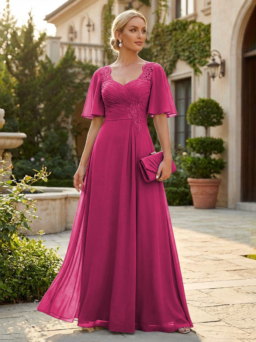Elegant A-Line Chiffon Flutter Short Sleeves Pleated Mother of the Bride & Groom Dresses with Ruched Waist (SHI22500687)