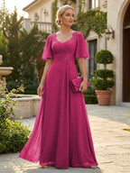Elegant A-Line Chiffon Flutter Short Sleeves Pleated Mother of the Bride & Groom Dresses with Ruched Waist (SHI22500687)