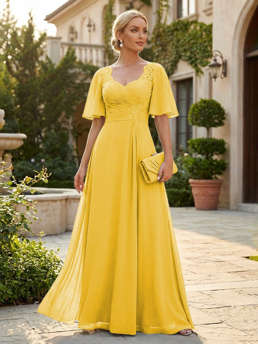 Elegant A-Line Chiffon Flutter Short Sleeves Pleated Mother of the Bride & Groom Dresses with Ruched Waist (SHI22500687)