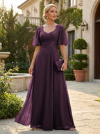 Elegant A-Line Chiffon Flutter Short Sleeves Pleated Mother of the Bride & Groom Dresses with Ruched Waist (SHI22500687)