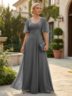 Elegant A-Line Chiffon Flutter Short Sleeves Pleated Mother of the Bride & Groom Dresses with Ruched Waist (SHI22500687)