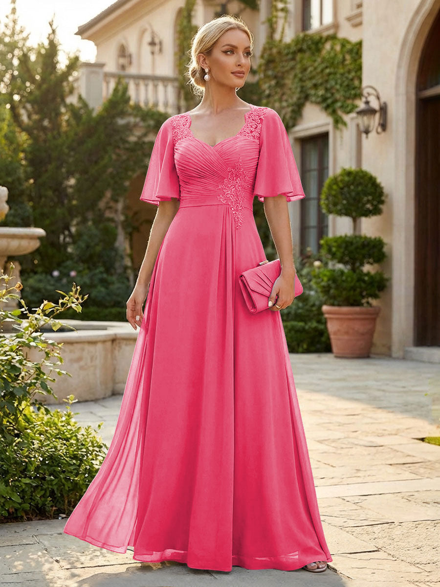 Elegant A-Line Chiffon Flutter Short Sleeves Pleated Mother of the Bride & Groom Dresses with Ruched Waist (SHI22500687)