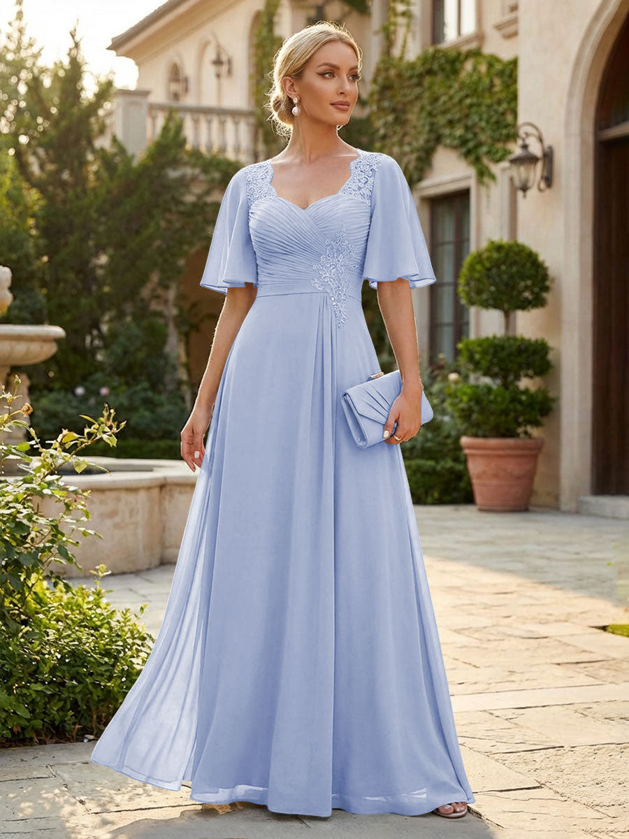 Elegant A-Line Chiffon Flutter Short Sleeves Pleated Mother of the Bride & Groom Dresses with Ruched Waist (SHI22500687)