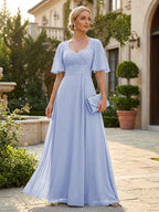 Elegant A-Line Chiffon Flutter Short Sleeves Pleated Mother of the Bride & Groom Dresses with Ruched Waist (SHI22500687)