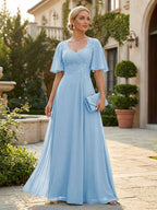 Elegant A-Line Chiffon Flutter Short Sleeves Pleated Mother of the Bride & Groom Dresses with Ruched Waist (SHI22500687)