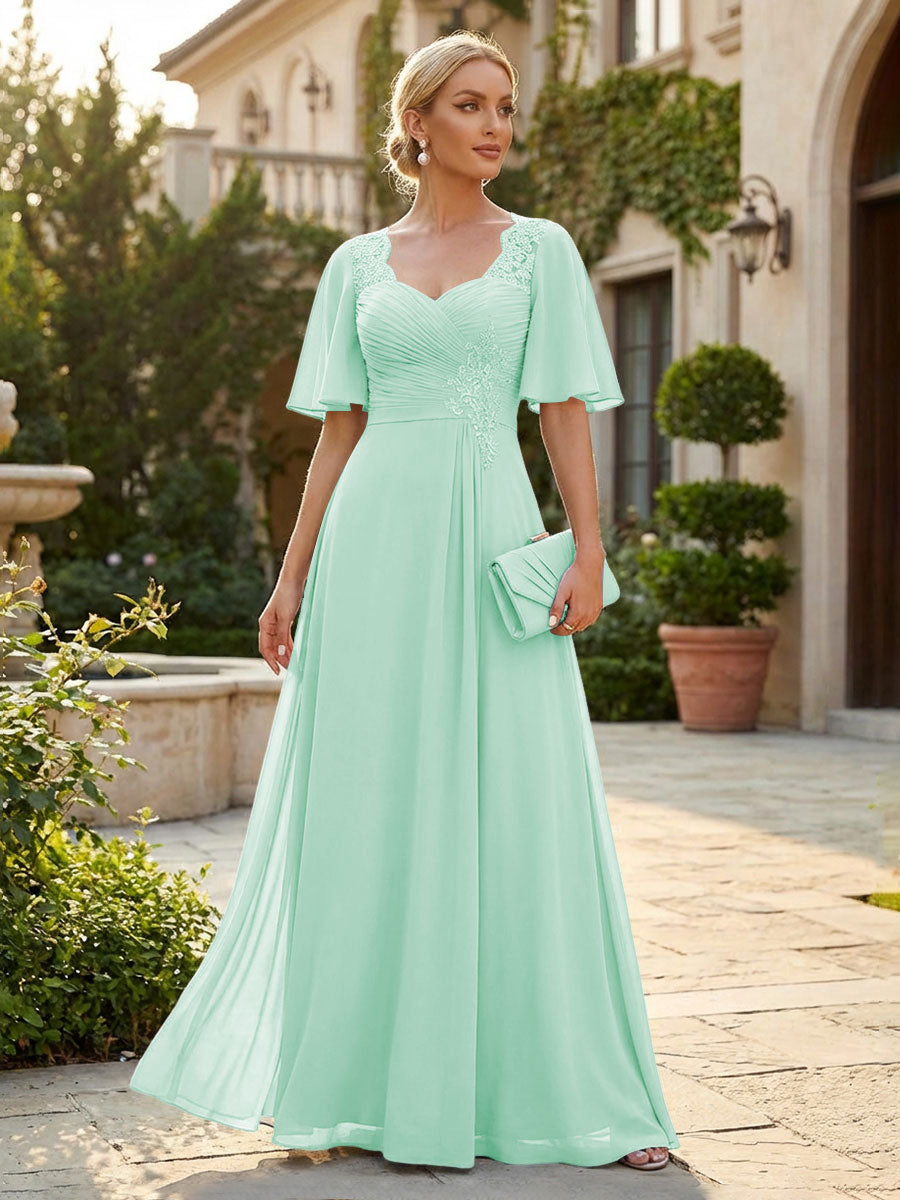 Elegant A-Line Chiffon Flutter Short Sleeves Pleated Mother of the Bride & Groom Dresses with Ruched Waist (SHI22500687)