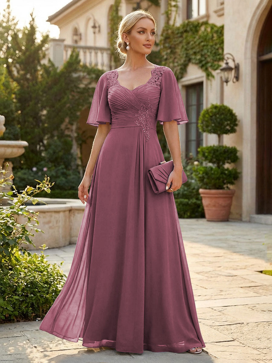Elegant A-Line Chiffon Flutter Short Sleeves Pleated Mother of the Bride & Groom Dresses with Ruched Waist (SHI22500687)