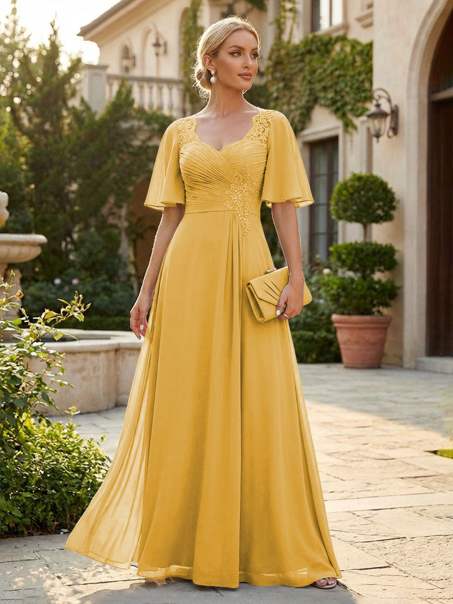 Elegant A-Line Chiffon Flutter Short Sleeves Pleated Mother of the Bride & Groom Dresses with Ruched Waist (SHI22500687)