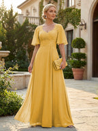 Elegant A-Line Chiffon Flutter Short Sleeves Pleated Mother of the Bride & Groom Dresses with Ruched Waist (SHI22500687)