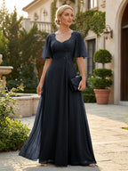 Elegant A-Line Chiffon Flutter Short Sleeves Pleated Mother of the Bride & Groom Dresses with Ruched Waist (SHI22500687)