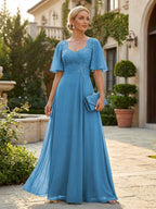 Elegant A-Line Chiffon Flutter Short Sleeves Pleated Mother of the Bride & Groom Dresses with Ruched Waist (SHI22500687)