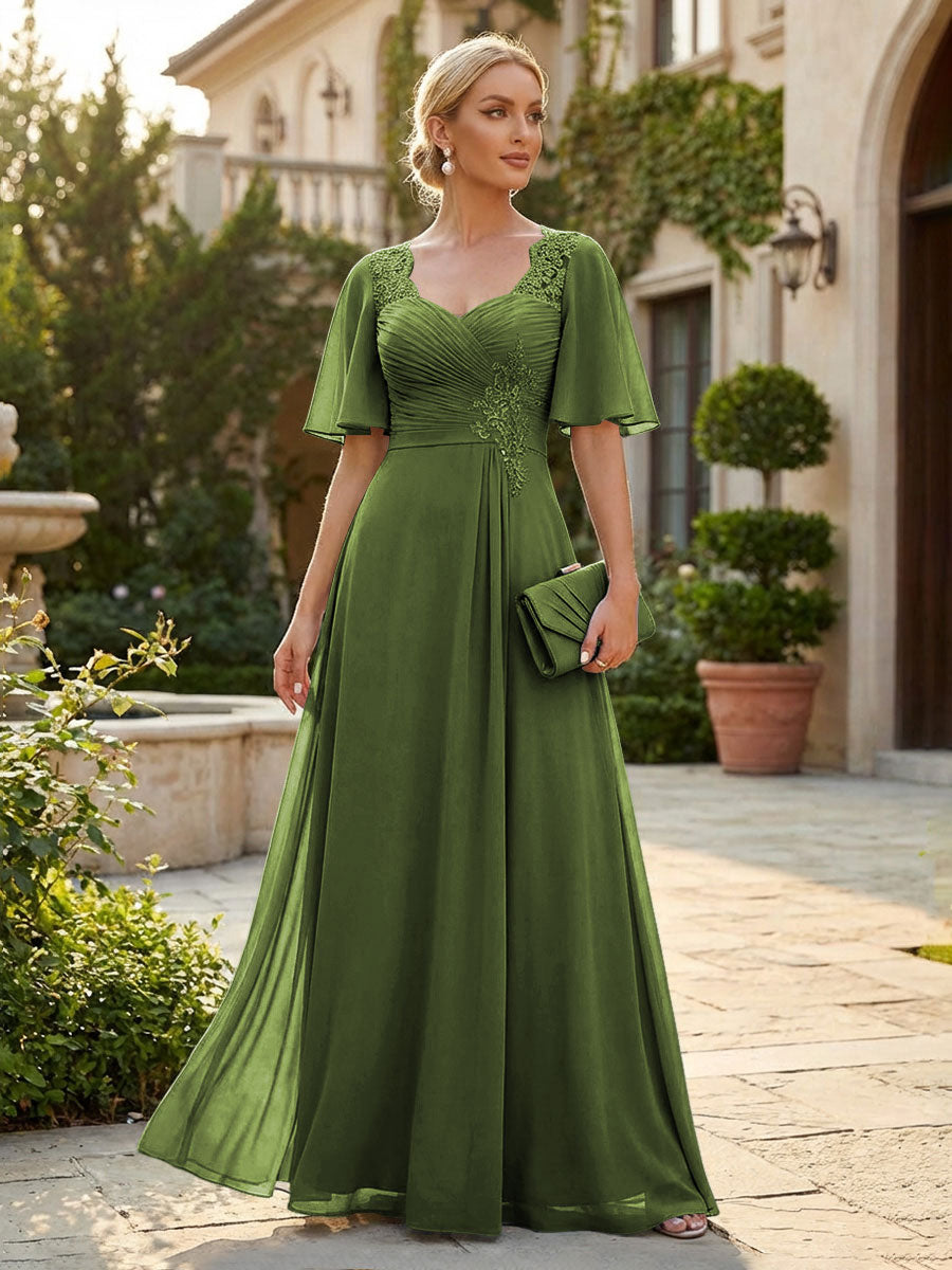 Elegant A-Line Chiffon Flutter Short Sleeves Pleated Mother of the Bride & Groom Dresses with Ruched Waist (SHI22500687)