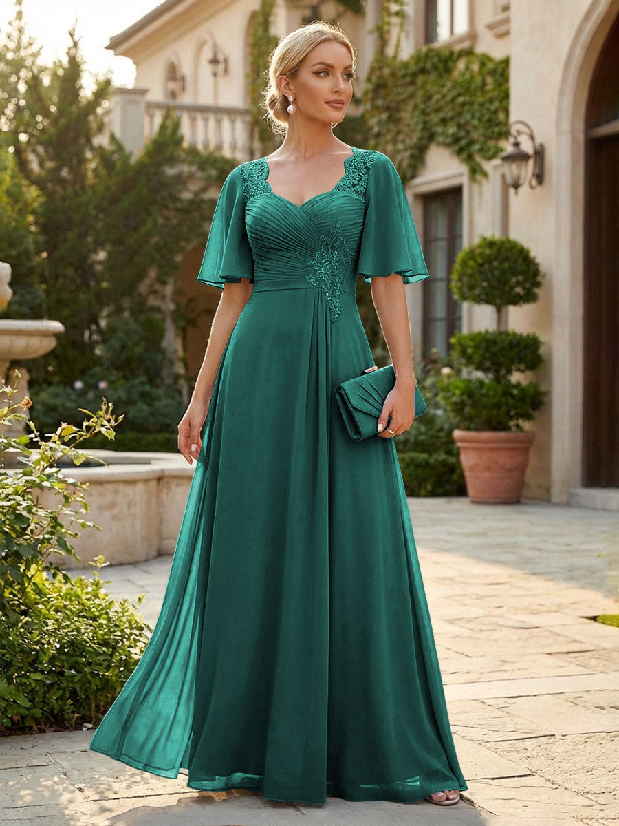 Elegant A-Line Chiffon Flutter Short Sleeves Pleated Mother of the Bride & Groom Dresses with Ruched Waist (SHI22500687)