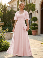 Elegant A-Line Chiffon Flutter Short Sleeves Pleated Mother of the Bride & Groom Dresses with Ruched Waist (SHI22500687)