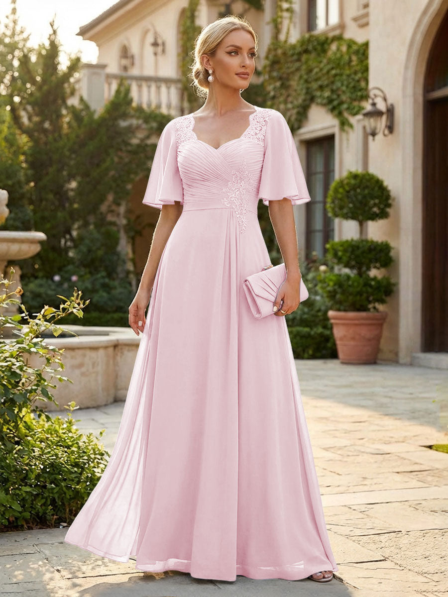 Elegant A-Line Chiffon Flutter Short Sleeves Pleated Mother of the Bride & Groom Dresses with Ruched Waist (SHI22500687)