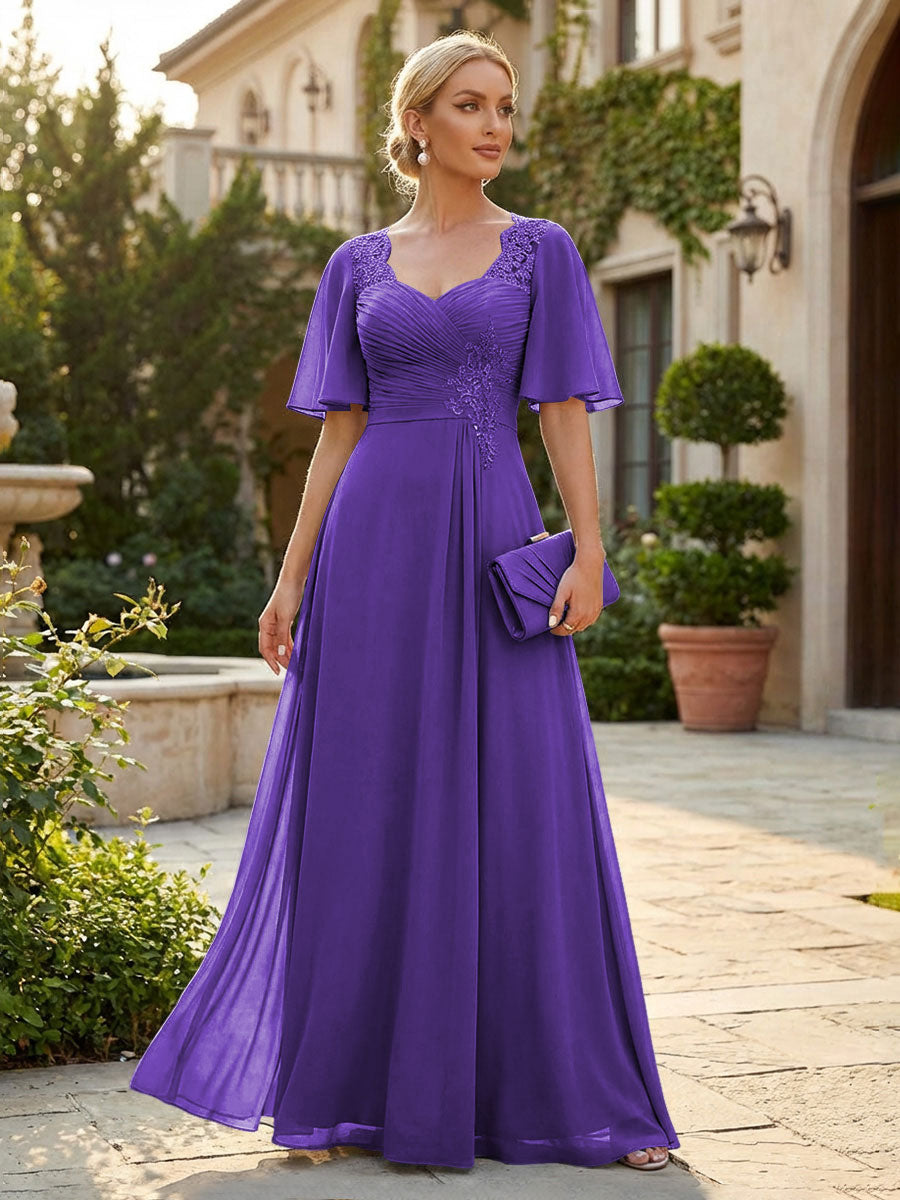 Elegant A-Line Chiffon Flutter Short Sleeves Pleated Mother of the Bride & Groom Dresses with Ruched Waist (SHI22500687)