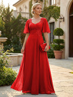 Elegant A-Line Chiffon Flutter Short Sleeves Pleated Mother of the Bride & Groom Dresses with Ruched Waist (SHI22500687)