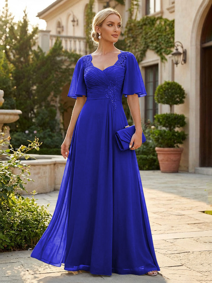Elegant A-Line Chiffon Flutter Short Sleeves Pleated Mother of the Bride & Groom Dresses with Ruched Waist (SHI22500687)
