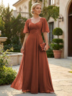 Elegant A-Line Chiffon Flutter Short Sleeves Pleated Mother of the Bride & Groom Dresses with Ruched Waist (SHI22500687)