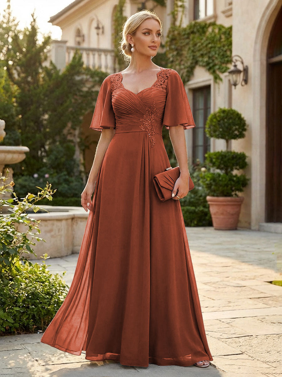 Elegant A-Line Chiffon Flutter Short Sleeves Pleated Mother of the Bride & Groom Dresses with Ruched Waist (SHI22500687)