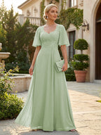 Elegant A-Line Chiffon Flutter Short Sleeves Pleated Mother of the Bride & Groom Dresses with Ruched Waist (SHI22500687)
