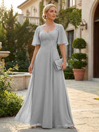 Elegant A-Line Chiffon Flutter Short Sleeves Pleated Mother of the Bride & Groom Dresses with Ruched Waist (SHI22500687)