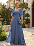 Elegant A-Line Chiffon Flutter Short Sleeves Pleated Mother of the Bride & Groom Dresses with Ruched Waist (SHI22500687)