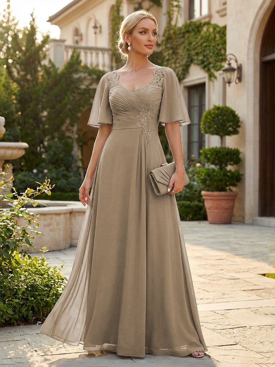 Elegant A-Line Chiffon Flutter Short Sleeves Pleated Mother of the Bride & Groom Dresses with Ruched Waist (SHI22500687)