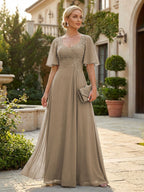 Elegant A-Line Chiffon Flutter Short Sleeves Pleated Mother of the Bride & Groom Dresses with Ruched Waist (SHI22500687)