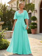 Elegant A-Line Chiffon Flutter Short Sleeves Pleated Mother of the Bride & Groom Dresses with Ruched Waist (SHI22500687)