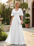 Elegant A-Line Chiffon Flutter Short Sleeves Pleated Mother of the Bride & Groom Dresses with Ruched Waist (SHI22500687)