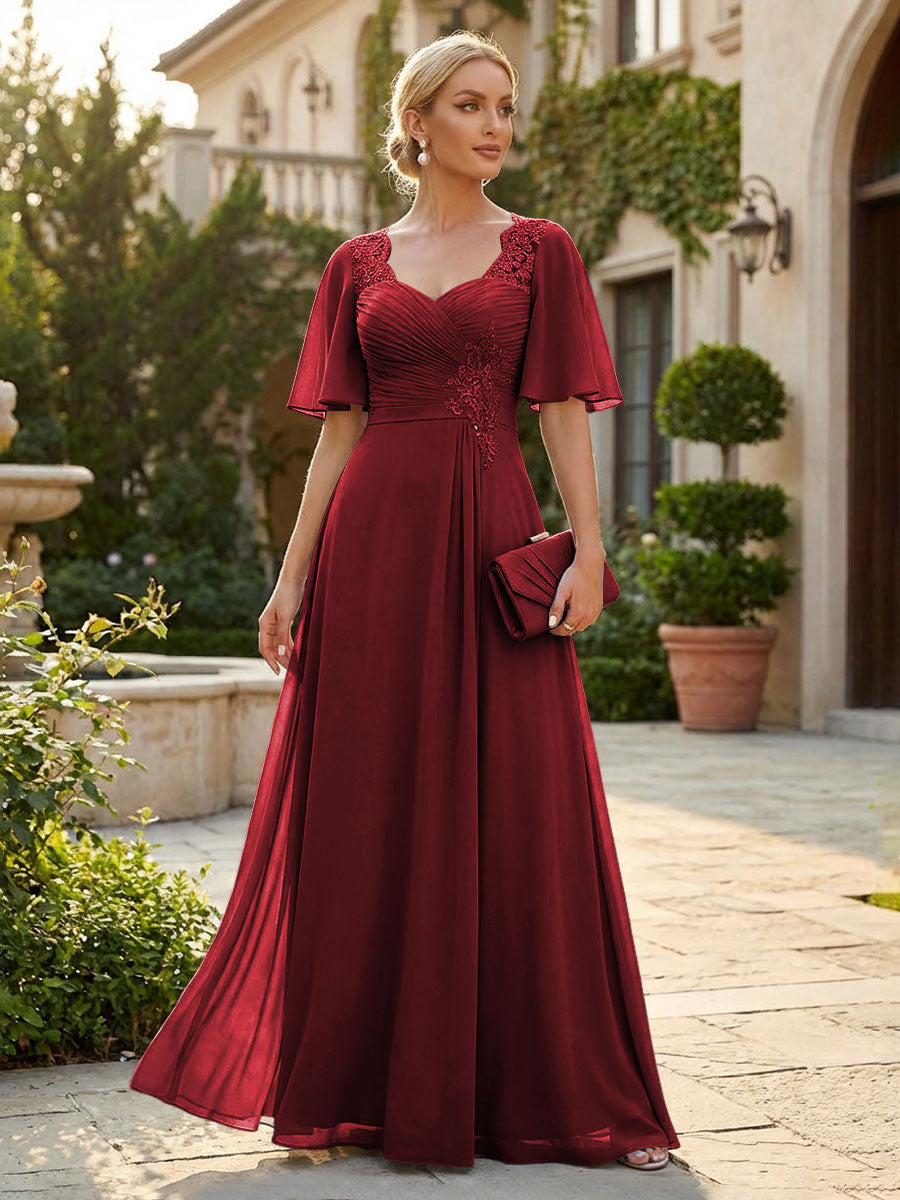 Elegant A-Line Chiffon Flutter Short Sleeves Pleated Mother of the Bride & Groom Dresses with Ruched Waist (SHI22500687)