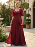 Elegant A-Line Chiffon Flutter Short Sleeves Pleated Mother of the Bride & Groom Dresses with Ruched Waist (SHI22500687)