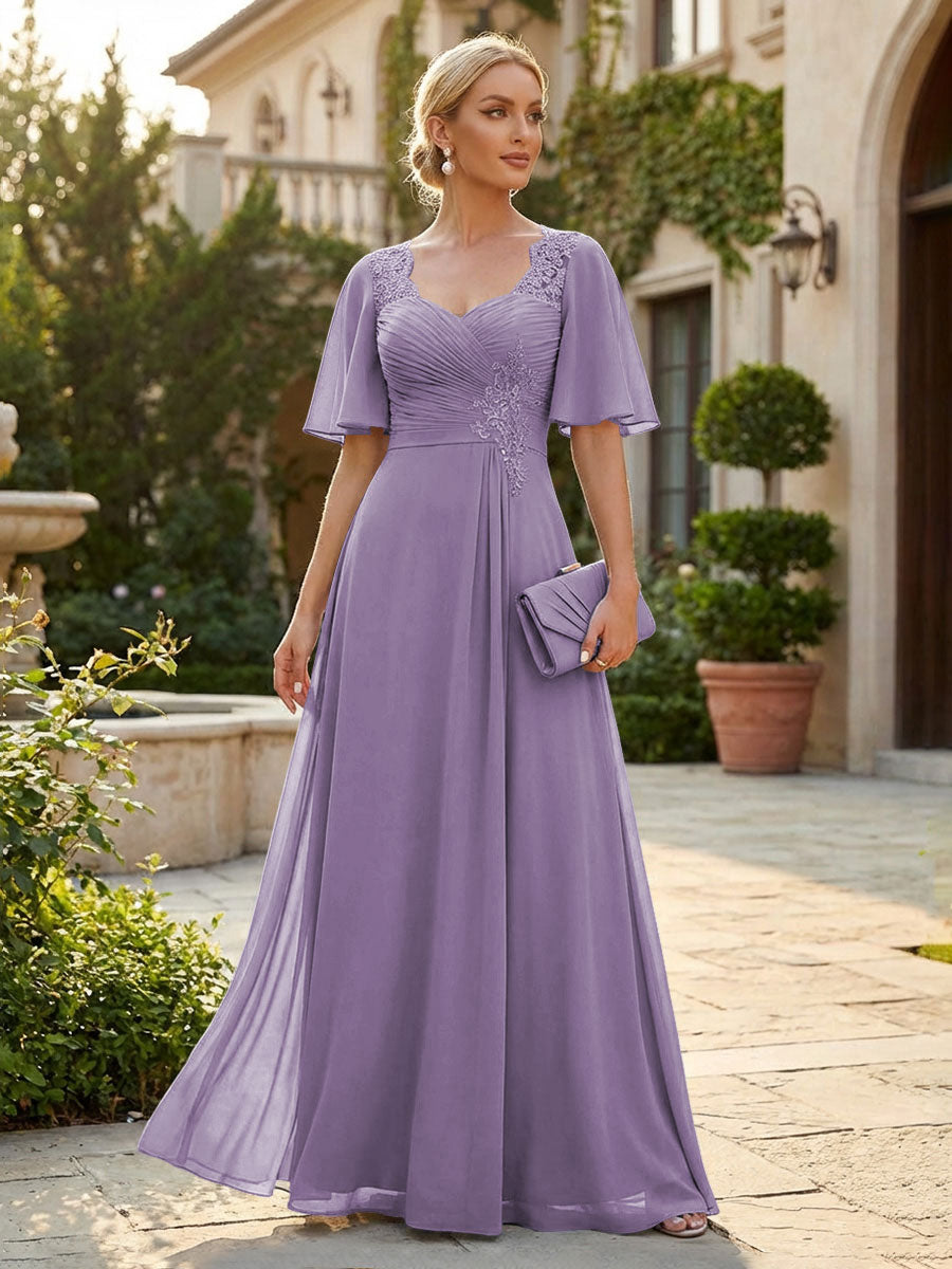 Elegant A-Line Chiffon Flutter Short Sleeves Pleated Mother of the Bride & Groom Dresses with Ruched Waist (SHI22500687)