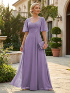 Elegant A-Line Chiffon Flutter Short Sleeves Pleated Mother of the Bride & Groom Dresses with Ruched Waist (SHI22500687)