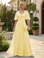 Elegant A-Line Chiffon Flutter Short Sleeves Pleated Mother of the Bride & Groom Dresses with Ruched Waist (SHI22500687)
