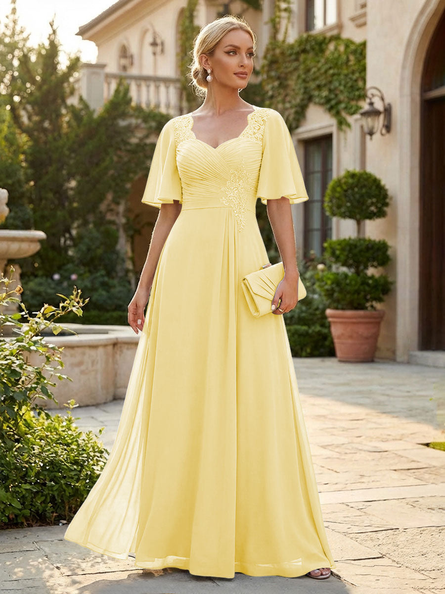 Elegant A-Line Chiffon Flutter Short Sleeves Pleated Mother of the Bride & Groom Dresses with Ruched Waist (SHI22500687)