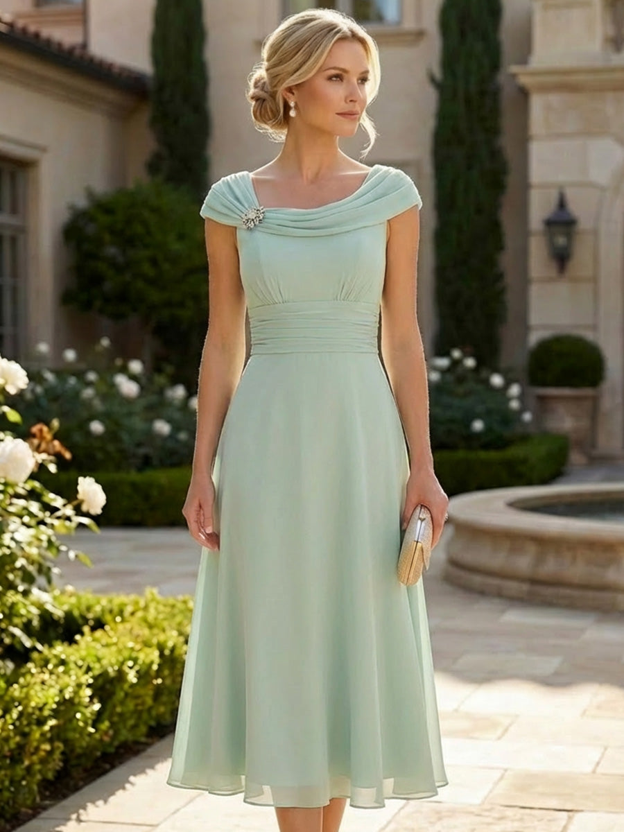 Lightweight Sheath Tea-Length Chiffon Mother of the Bride & Groom Dresses with Cowl Neck & Ruched Waist (SHI22500689)