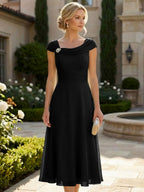 Lightweight Sheath Tea-Length Chiffon Mother of the Bride & Groom Dresses with Cowl Neck & Ruched Waist (SHI22500689)