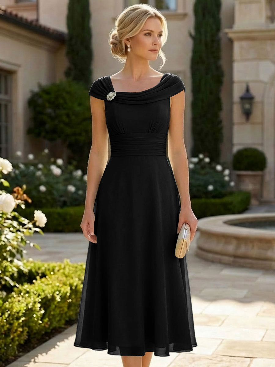 Lightweight Sheath Tea-Length Chiffon Mother of the Bride & Groom Dresses with Cowl Neck & Ruched Waist (SHI22500689)