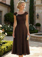 Lightweight Sheath Tea-Length Chiffon Mother of the Bride & Groom Dresses with Cowl Neck & Ruched Waist (SHI22500689)