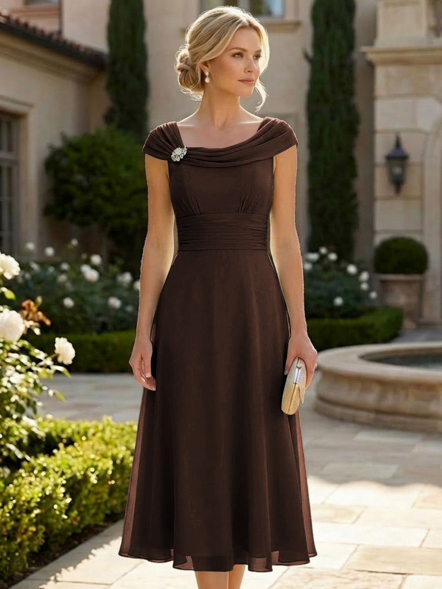 Lightweight Sheath Tea-Length Chiffon Mother of the Bride & Groom Dresses with Cowl Neck & Ruched Waist (SHI22500689)