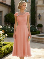 Lightweight Sheath Tea-Length Chiffon Mother of the Bride & Groom Dresses with Cowl Neck & Ruched Waist (SHI22500689)